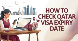 Woman checking Qatar visa expiry date 2026 online on laptop, purple graphics inspired by the Qatari flag