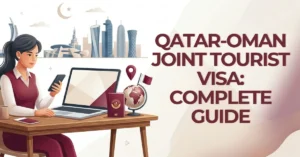 Woman working on a laptop researching the Qatar-Oman Joint Tourist Visa, purple graphic theme inspired by the Qatari flag
