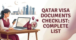 Woman reviewing Qatar visa documents checklist on laptop with purple Qatari-themed graphics