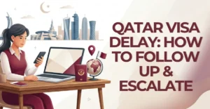Woman working on a laptop checking Qatar visa status online, purple Hukoomi and MOI themed graphics