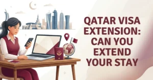 Woman working on a laptop reviewing Qatar visa extension steps, purple graphic theme inspired by the Qatari flag, Metrash2 and MOI visa renewal illustration