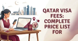 Woman checking Qatar visa fees 2026 price list on laptop with purple Qatari-themed graphics