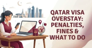 Woman checking Qatar visa overstay fine status on laptop with purple Qatari-themed graphicsWoman checking Qatar visa overstay fine status on laptop with purple Qatari-themed graphics