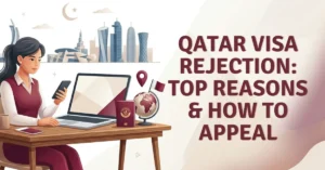 Woman reviewing Qatar visa rejection reasons on laptop with purple Qatari-themed graphics